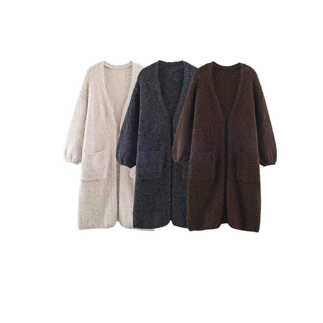 Women's Oversized Knit Coat with V-Neck, Cozy Boucle Look and Patch Pockets Mune Fashion