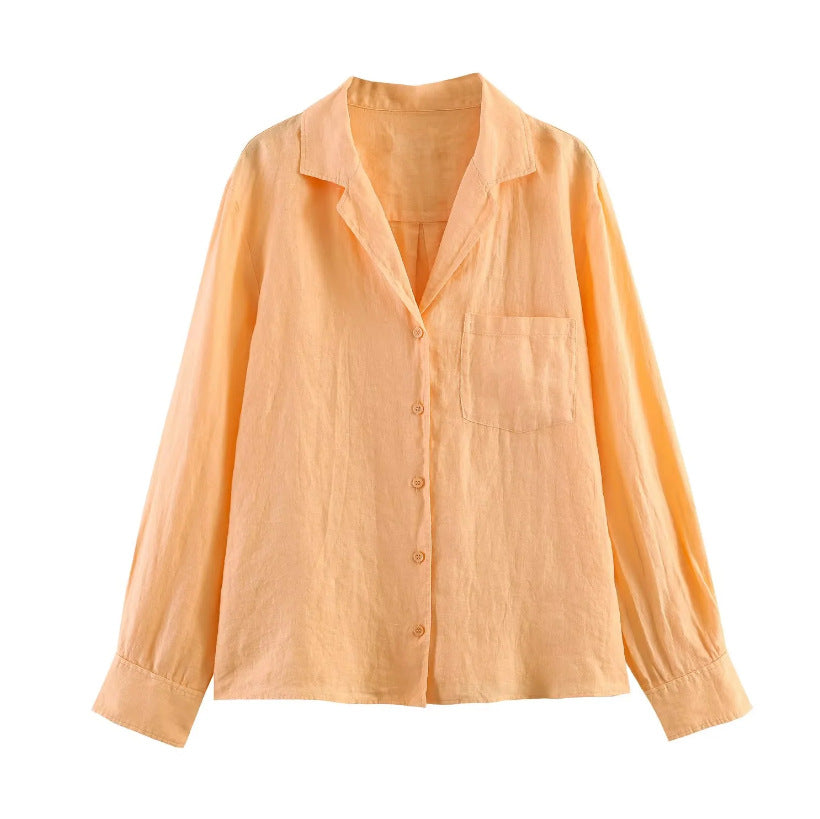 Women Loose Linen Look Shirt with Notched Collar and Chest Pocket Mune Fashion