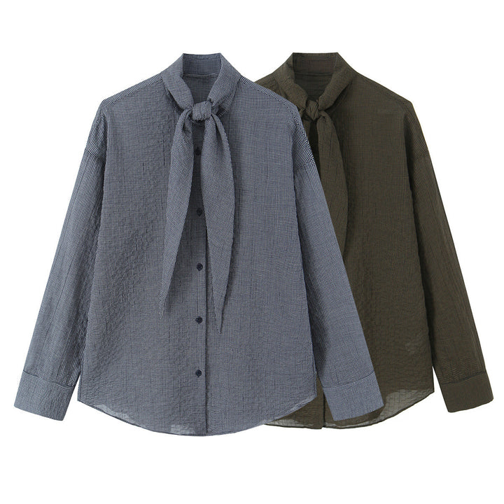 Women's Oversize Blouse with Bow Collar and Fine Vichy Check Mune Fashion