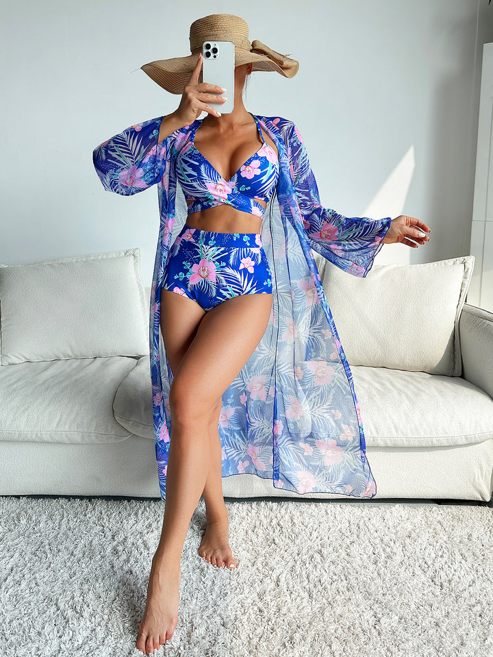 Women's bikini set with floral pattern and transparent wrap jacket Mune Fashion