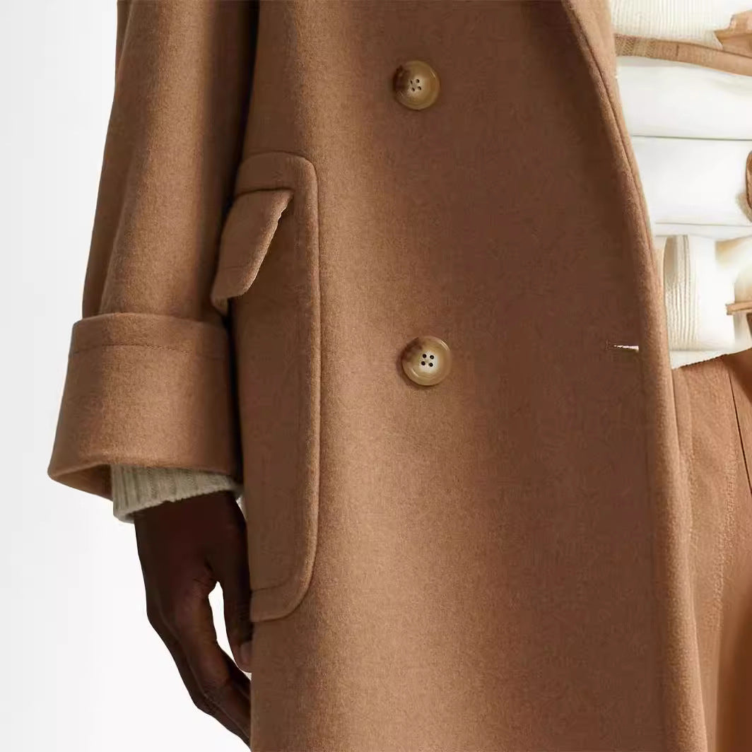 Women's longer double-breasted wool coat with wide cut and lapel collar Mune Fashion