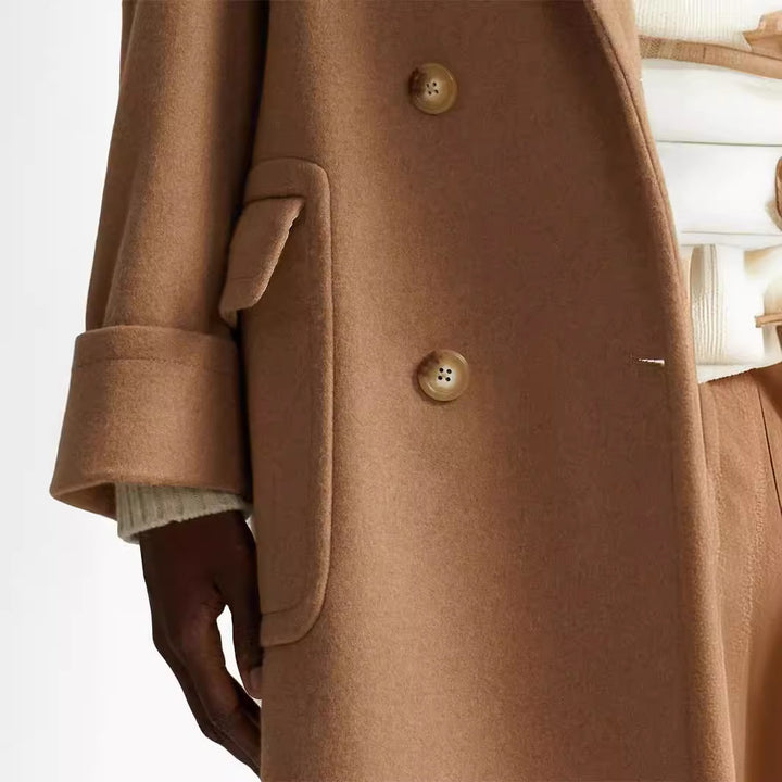 Women's longer double-breasted wool coat with wide cut and lapel collar Mune Fashion