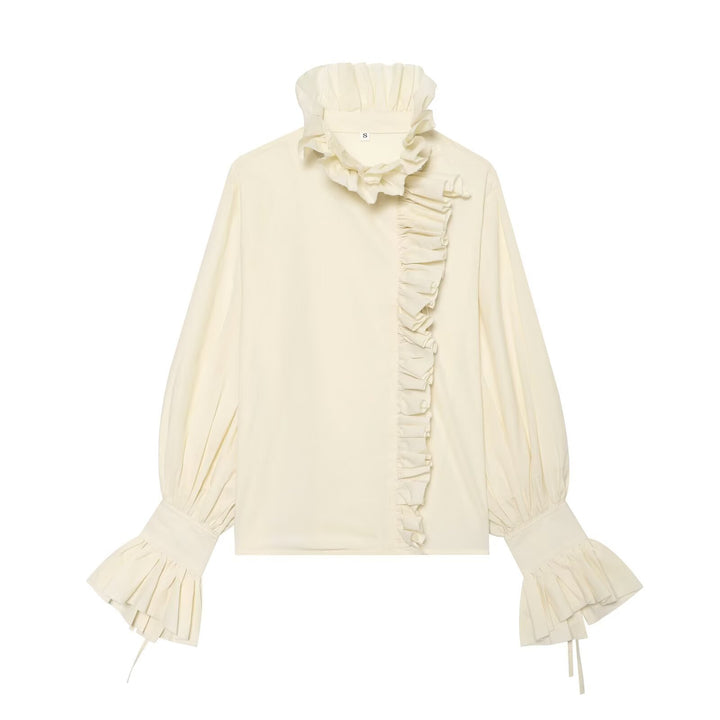 Women's ruffled blouse with high stand-up collar, asymmetrical frill trim and balloon sleeves Mune Fashion