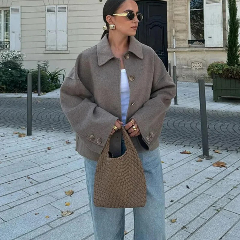 Women's short casual wool jacket with shirt collar, full button placket, and inset side pockets Mune Fashion