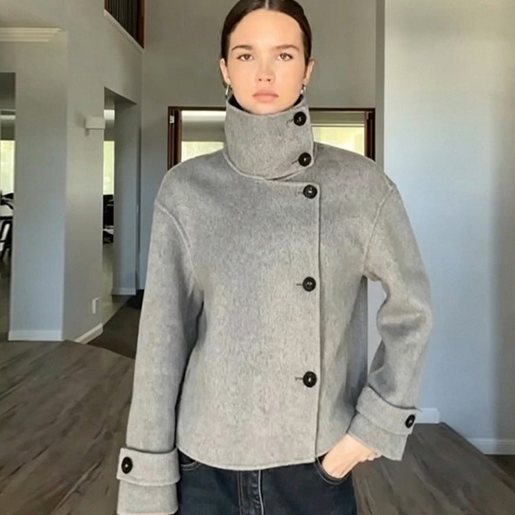 Women's Short Wool Blend Coat with Asymmetrical Button Placket and High Standing Collar Mune Fashion