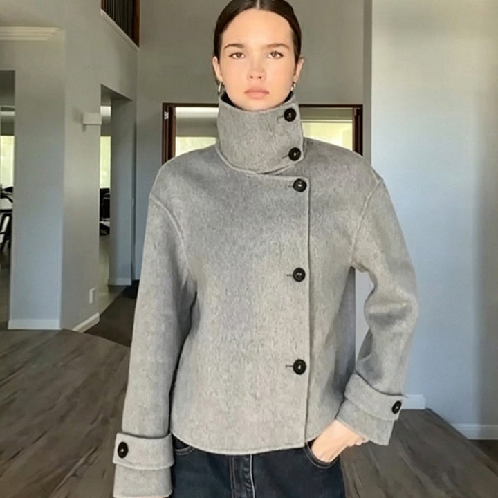 Women's Short Wool Blend Coat with Asymmetrical Button Placket and High Standing Collar Mune Fashion