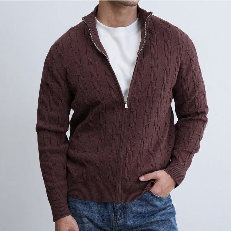Men's Fine Cable Knit Half-Zip Cardigan with Ribbed Collar and Silver Zipper Mune Fashion
