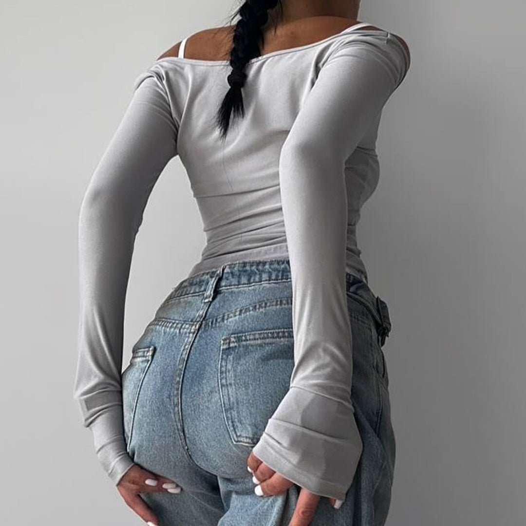 Women tailored longsleeve cropped top with square neckline and double spaghetti straps Mune Fashion