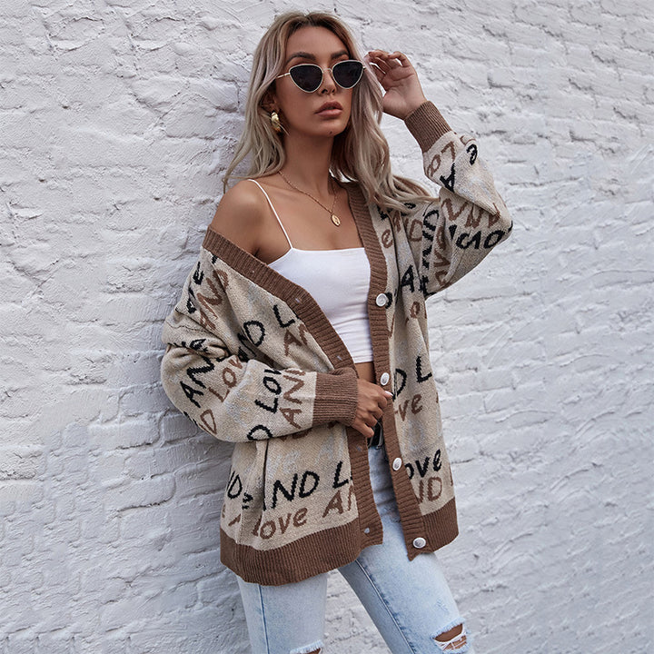 Women's Oversized Knit Cardigan with Jacquard Text Pattern, V-Neck & Button Placket Mune Fashion