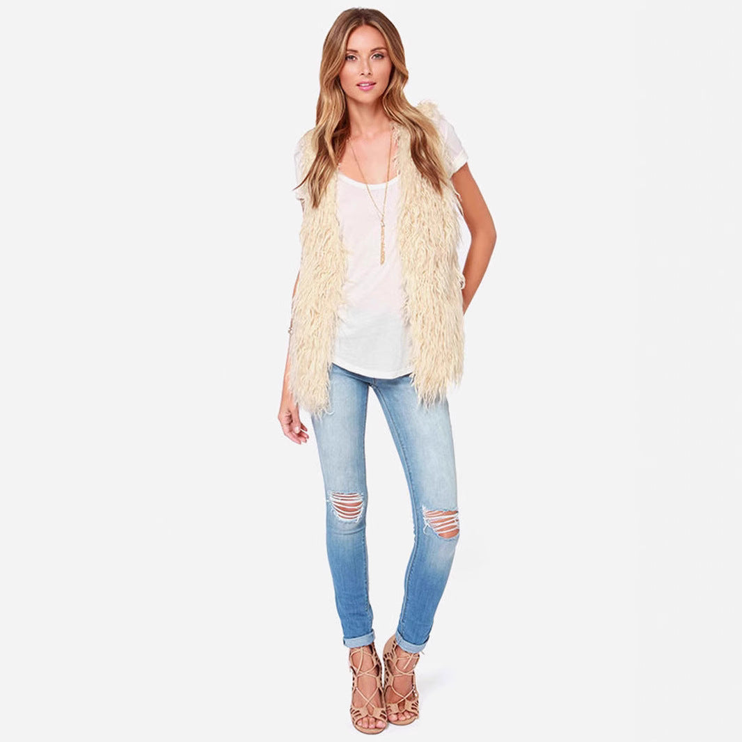 Women Sleeveless Shaggy Faux Fur Vest with Long Pile and Open Hem Mune Fashion