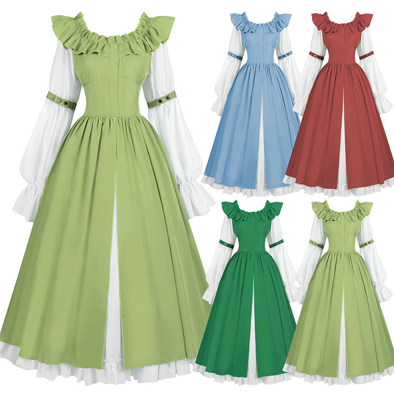 Ladies nan romantic Victorian dress with ruffled collar, tailored corset look, and flared circle skirt Mune Fashion