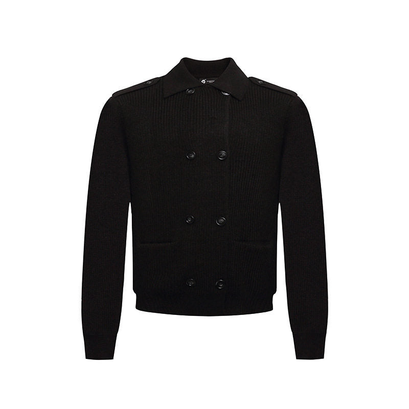 Men's knit double-breasted cardigan with collar, shoulder tabs, and welt pockets Mune Fashion