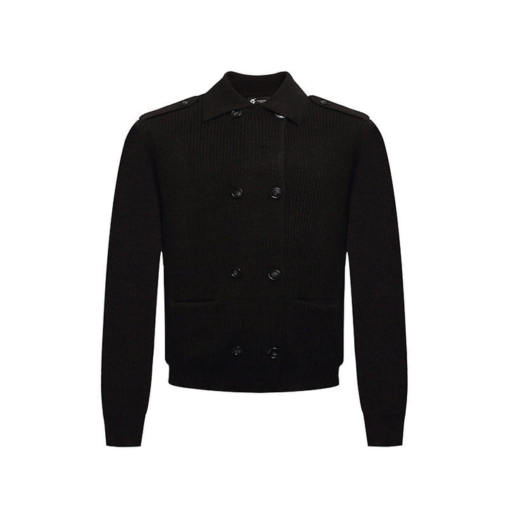 Men's knit double-breasted cardigan with collar, shoulder tabs, and welt pockets Mune Fashion
