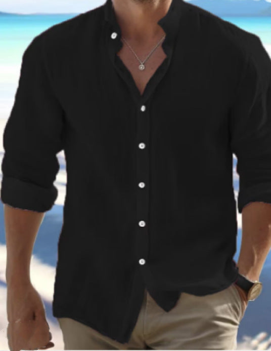 Men's light linen blouse shirt with stand-up collar, straight cut and continuous button placket Mune Fashion