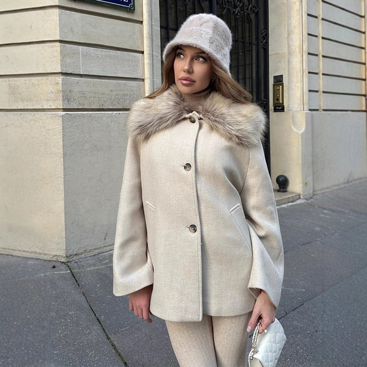 Women's short coat with faux fur shawl collar & boxy oversized silhouette Mune Fashion