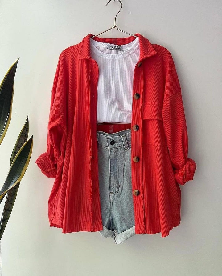 Women's Oversized Cord Shirt Jacket made of Wide Corduroy with Chest Pocket and Wooden Buttons Mune Fashion