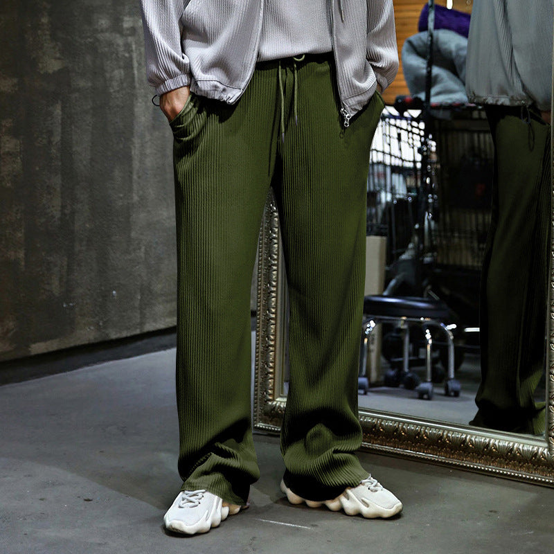 Men's Casual Ribbed Relaxed Pants with Wide Leg, Drawstring & Side Pockets