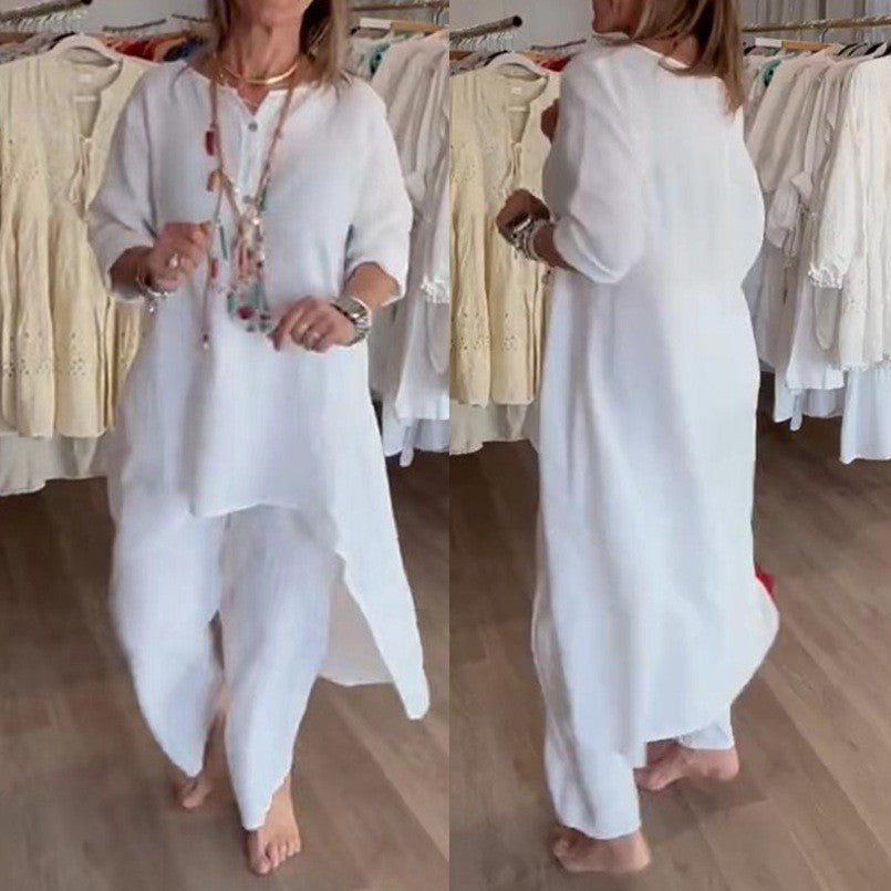 Women's Midi-Length Linen Tunic Set with Asymmetric Hem and Wide Palazzo Pants Mune Fashion