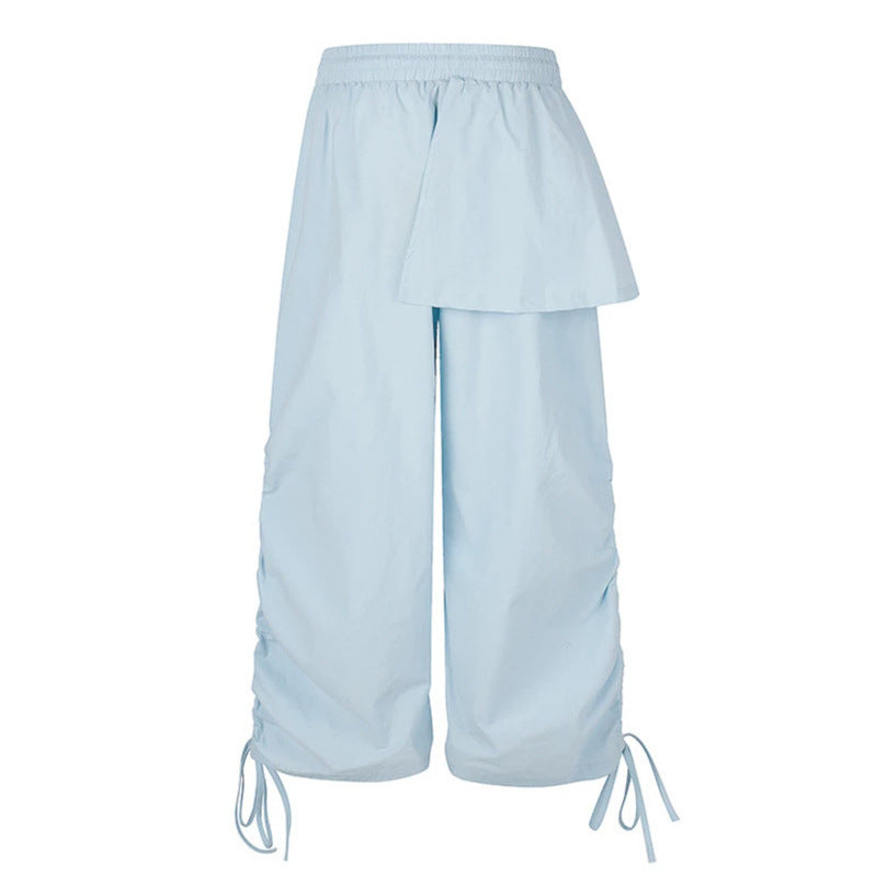 Women Wide Capri Pants with Drawstring, Side Gather and Asymmetrical Overlay Mune Fashion