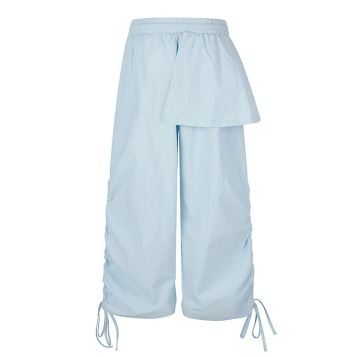 Women Wide Capri Pants with Drawstring, Side Gather and Asymmetrical Overlay Mune Fashion