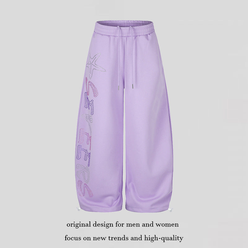 Women's Extra Wide Palazzo Jogger Pants with Drawstring Waistband, Adjustable Hem and Rhinestone Lettering Mune Fashion