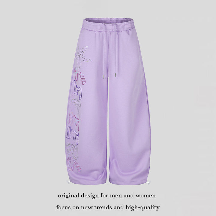 Women's Extra Wide Palazzo Jogger Pants with Drawstring Waistband, Adjustable Hem and Rhinestone Lettering Mune Fashion