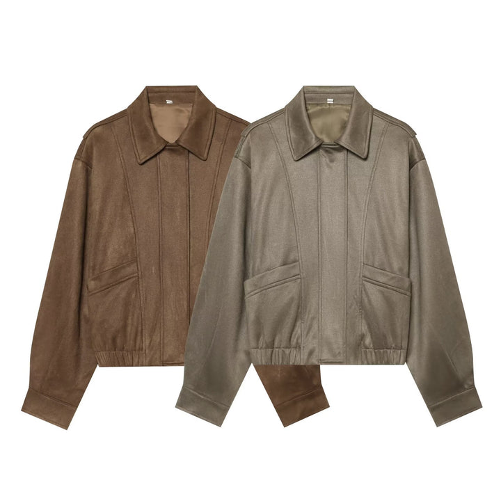 Women's Short Boxy Blouson in Suede Look with Flap Pockets Drune
