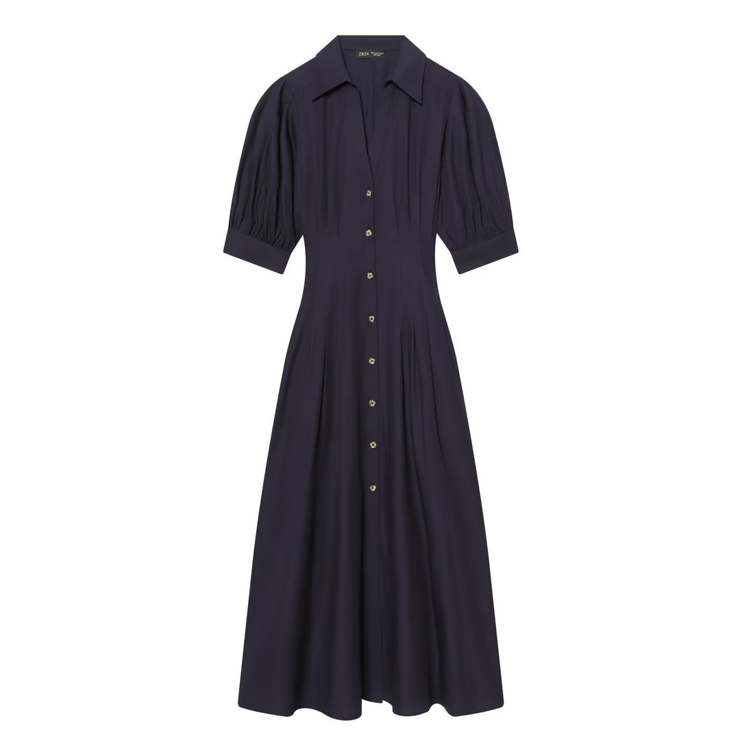 Women's shirt dress with fitted silhouette, puff sleeves, and full button placket Mune Fashion