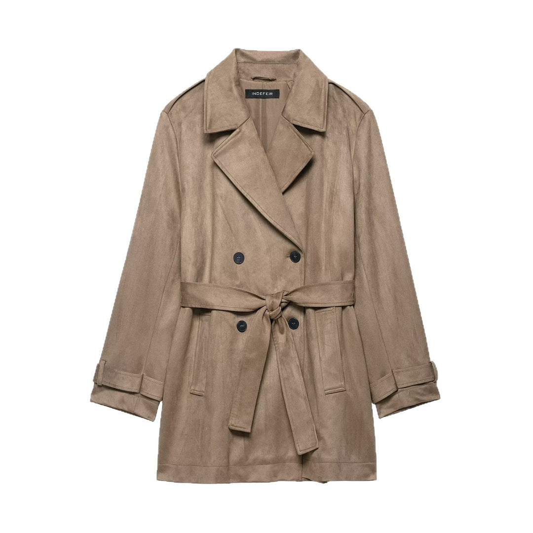 Women's Double Breasted Suede Effect Trench Coat with Waist Belt Mune Fashion
