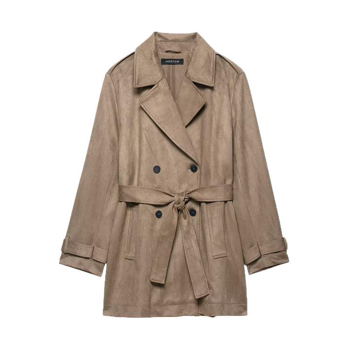 Women's Double Breasted Suede Effect Trench Coat with Waist Belt Mune Fashion
