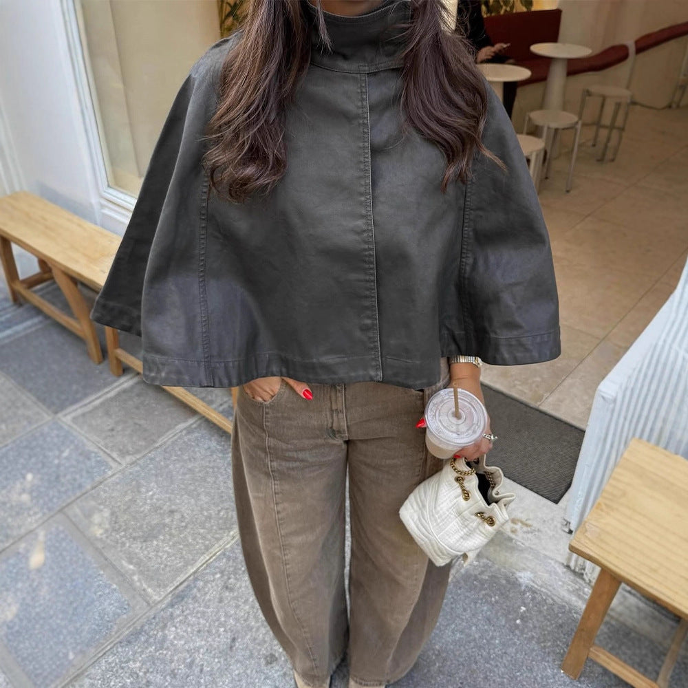 Women's Short Leather Cape Jacket with High Stand Collar and Boxy Cropped Silhouette Mune Fashion