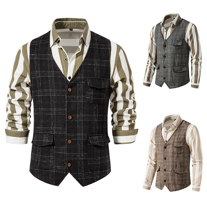 Men's checked wool blend gilet with chest pocket and patch side pockets Mune Fashion