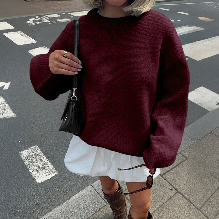 Women's Oversize Fine Knit Sweater with Stand-Up Collar, Extended Back and Balloon Sleeves Mune Fashion