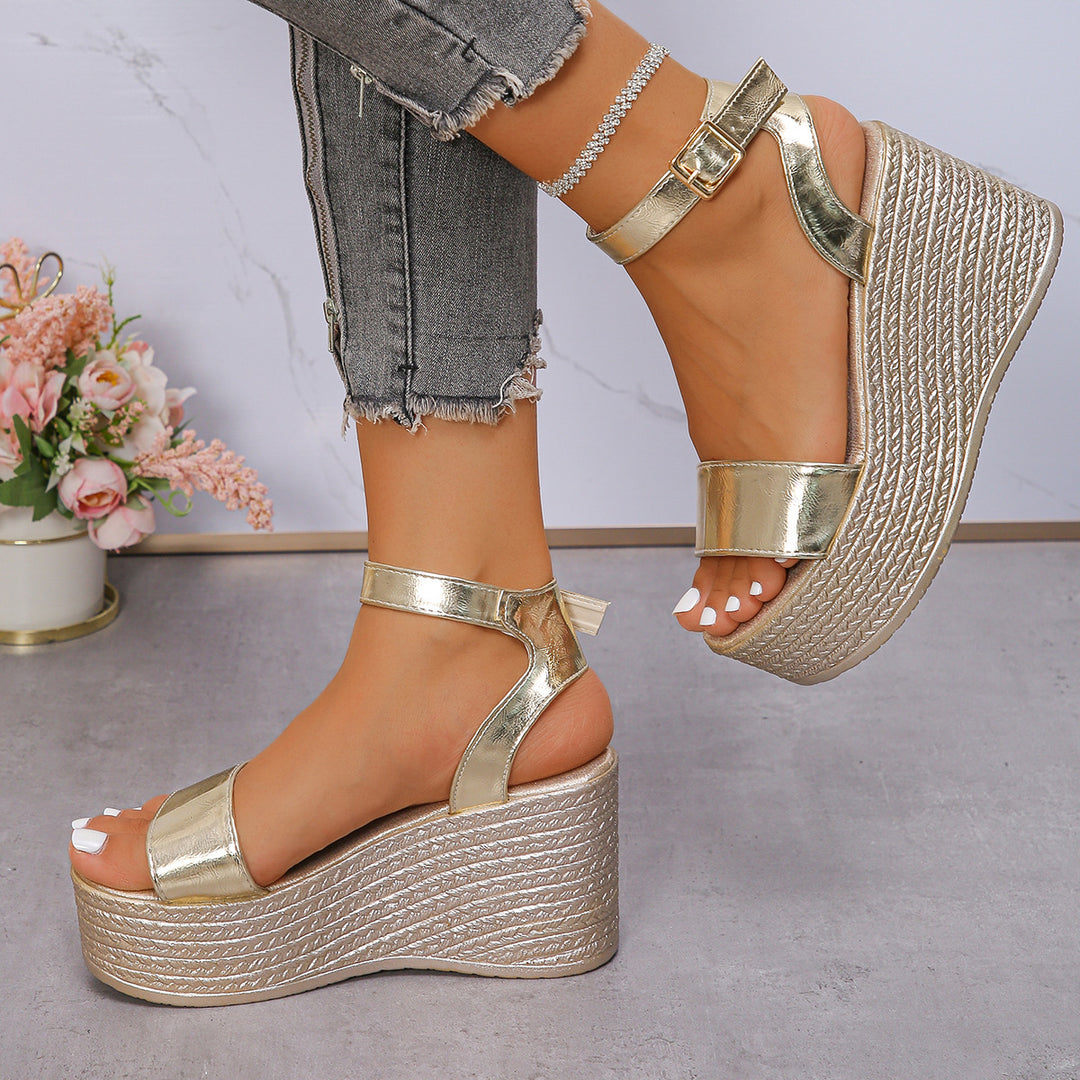 Women’s elegant wedge sandals with woven sole profile, padded comfort footbed, and adjustable ankle strap Mune Fashion