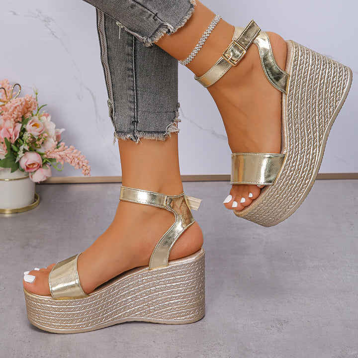 Women’s elegant wedge sandals with woven sole profile, padded comfort footbed, and adjustable ankle strap Mune Fashion