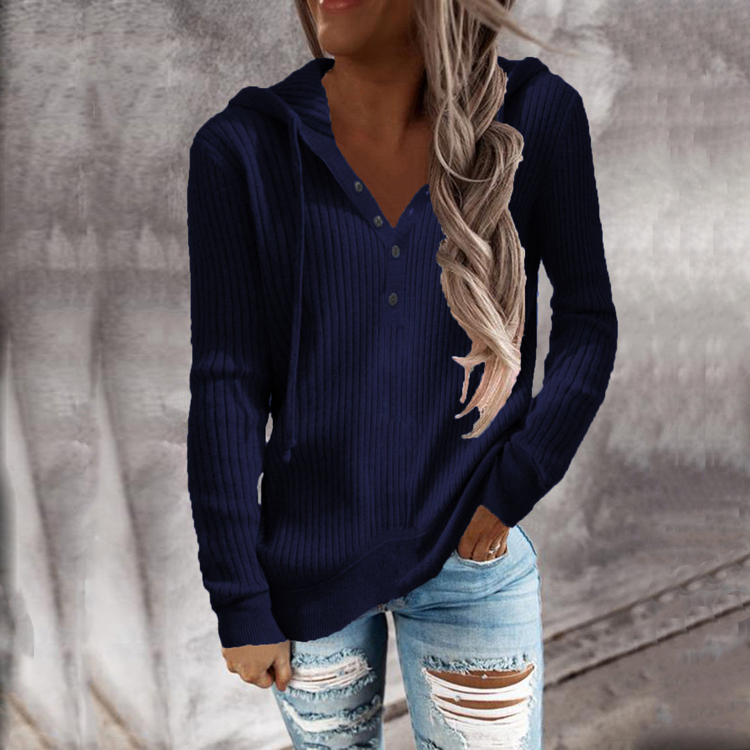 Women's Casual Ribbed Hoodie Sweater with Henley Button Placket and Drawstring Hood