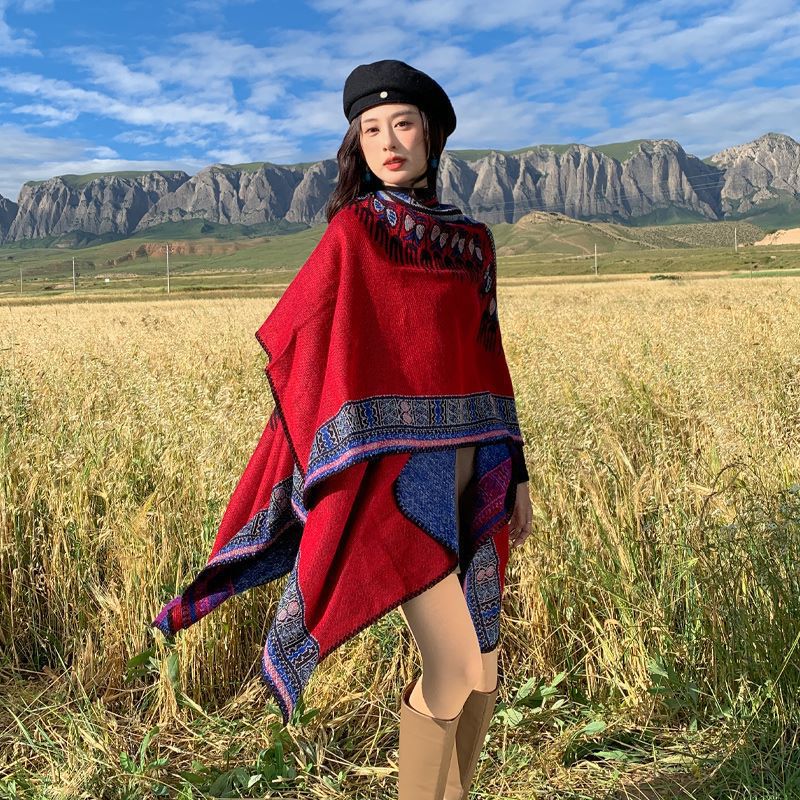 Women Oversize Poncho in Ethno Jacquard with V-neck and structured hem Mune Fashion