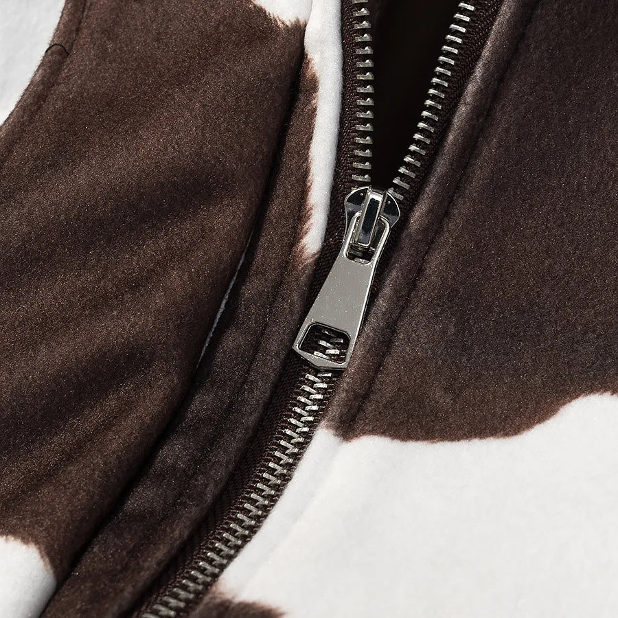 Women's short-cut bomber jacket in cow print with faux leather trim Mune Fashion
