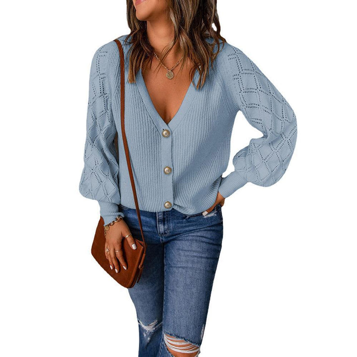Women's knitted cardigan with V-neck, decorative button placket and balloon sleeves Mune Fashion