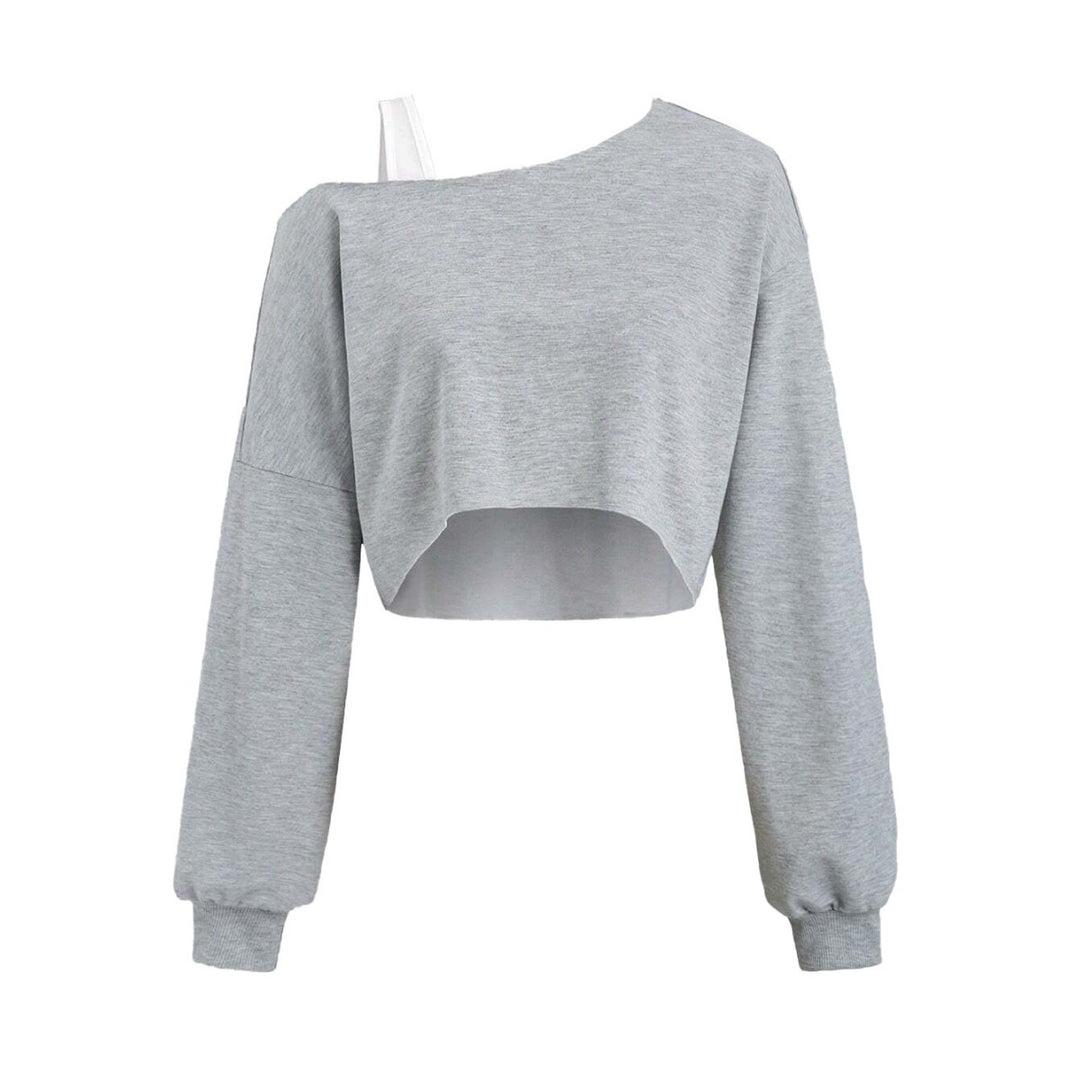 Women's cropped off-shoulder sweatshirt with one-sided strap, balloon sleeves, and ribbed cuffs.