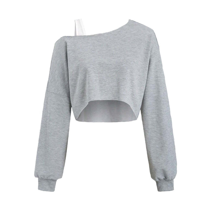 Women's cropped off-shoulder sweatshirt with one-sided strap, balloon sleeves, and ribbed cuffs.