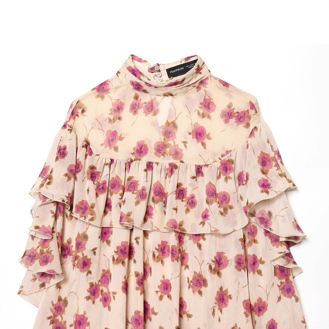 Ladies delicate ruffle blouse with stand-up collar, multi-layer ruffle tiers and floral chiffon Mune Fashion