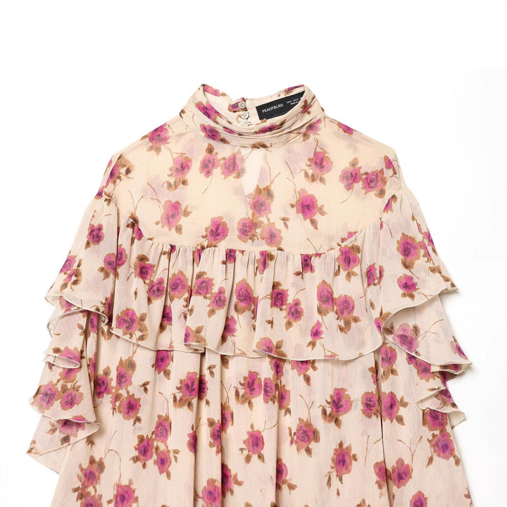 Ladies delicate ruffle blouse with stand-up collar, multi-layer ruffle tiers and floral chiffon Mune Fashion