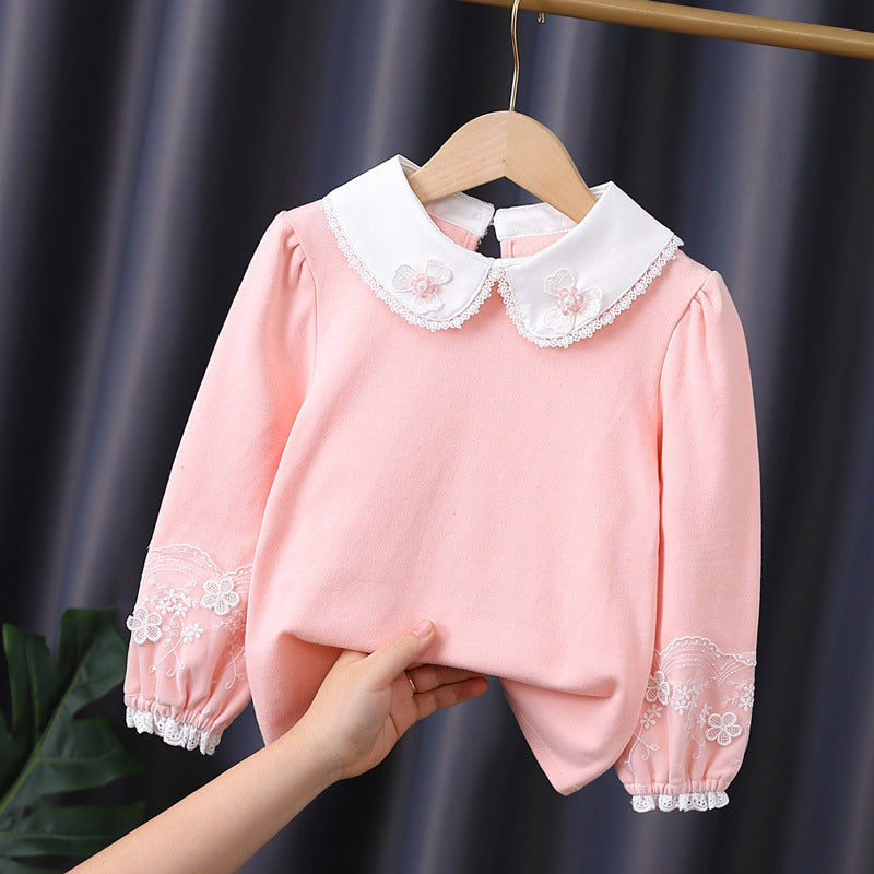 Girls' fashionable long-sleeve blouse with romantic collar and fine floral embroidery Mune Fashion