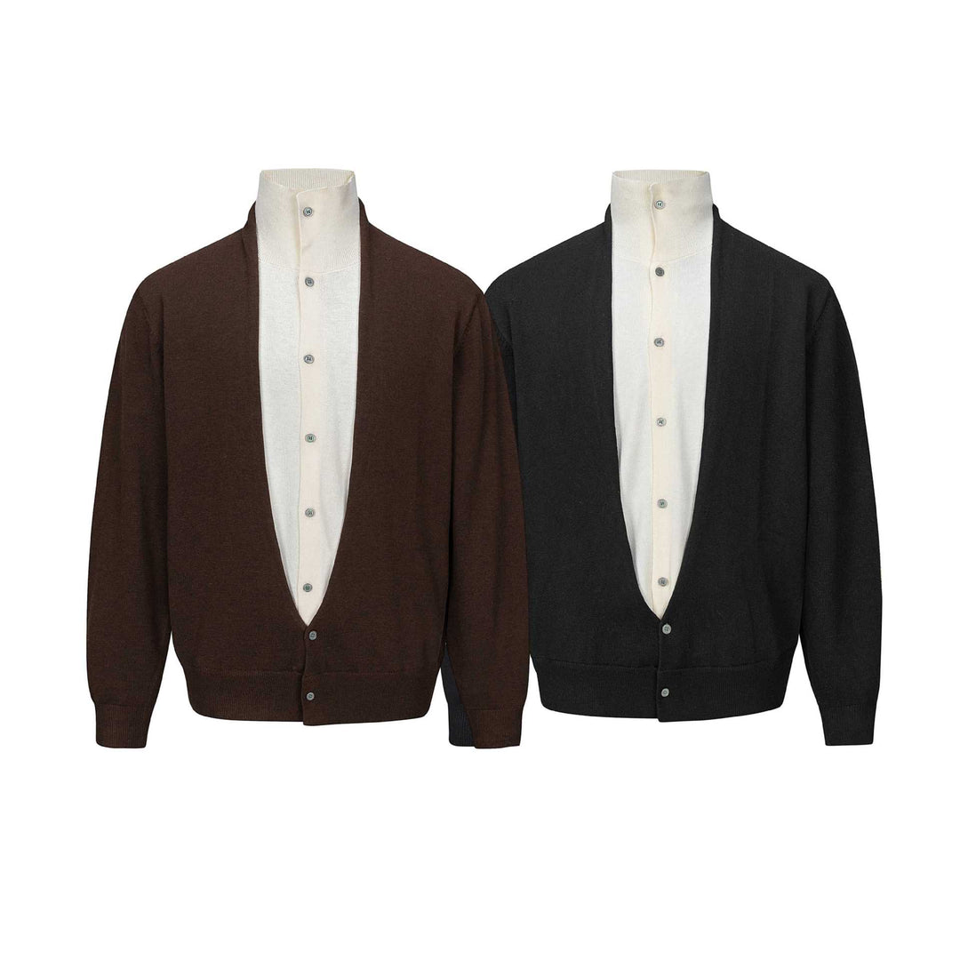 Men's fine-knit layering cardigan with deep V-neck and integrated polo collar Mune Fashion