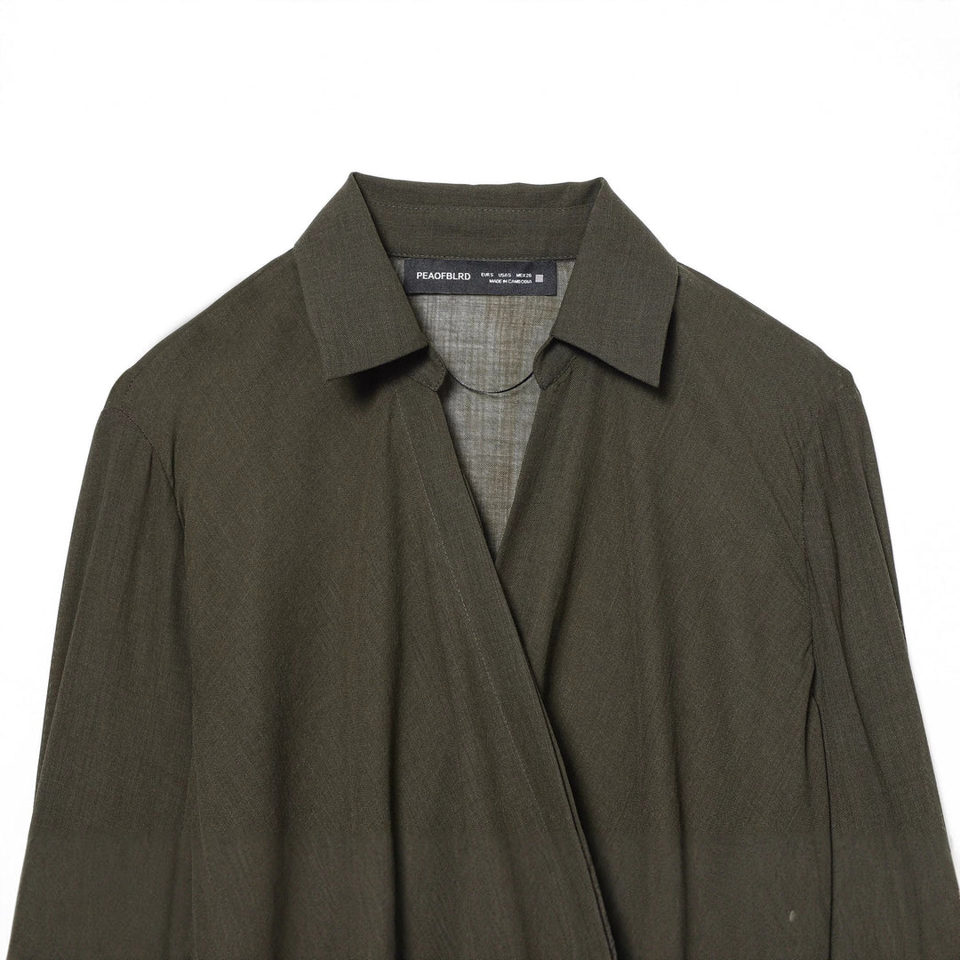 Women nan wrap blouse with shirt collar, asymmetrical pointed hem and knot closure Mune Fashion