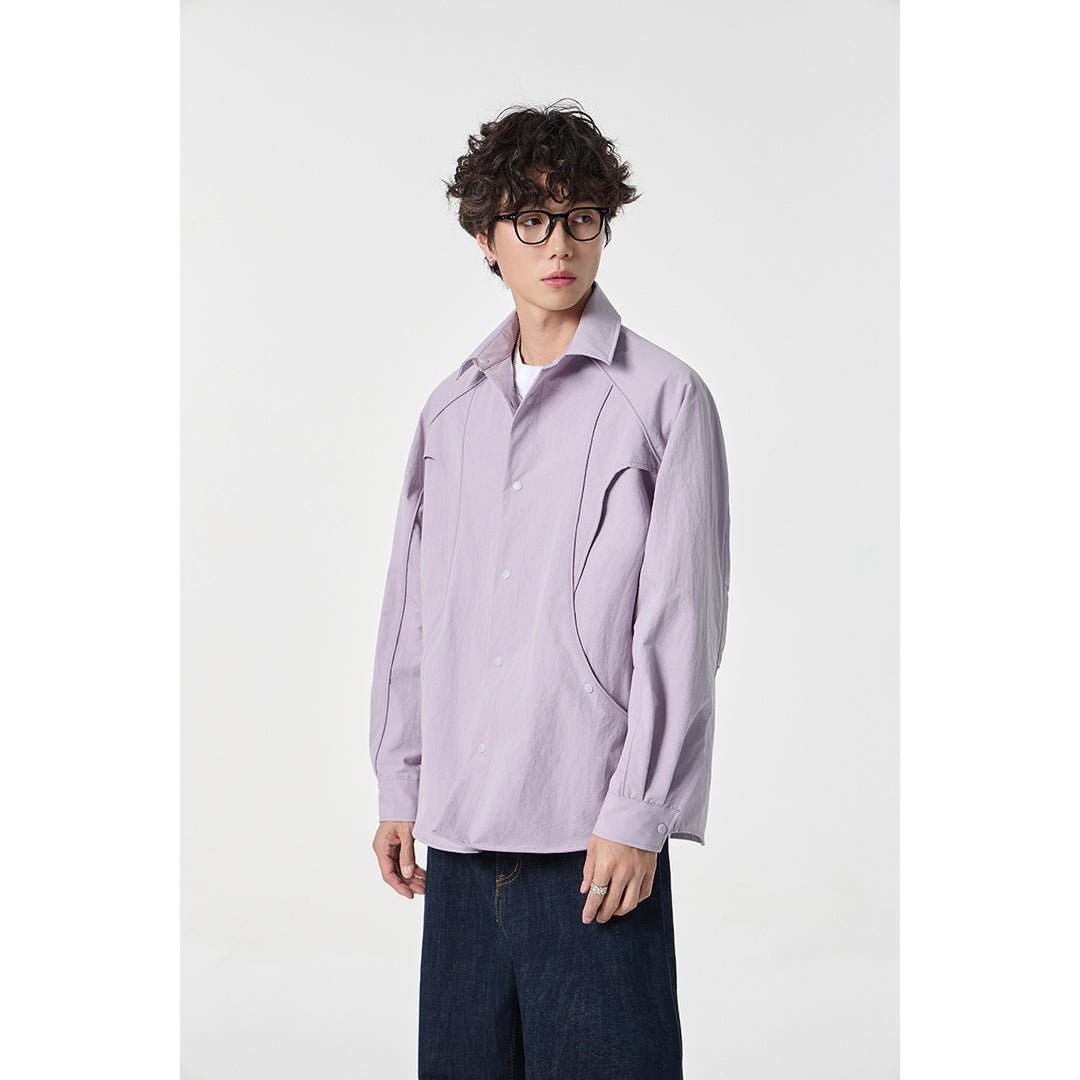 Women's Oversized Shirt Jacket with Curved Seam and Snap Button Placket Mune Fashion