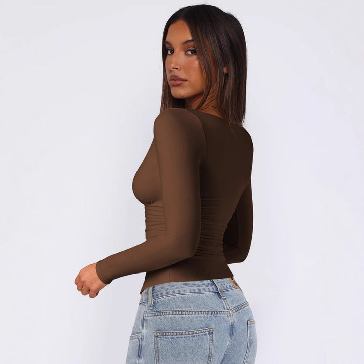 Women Fitted Long-Sleeve Top with V-Neckline and Gathers Mune