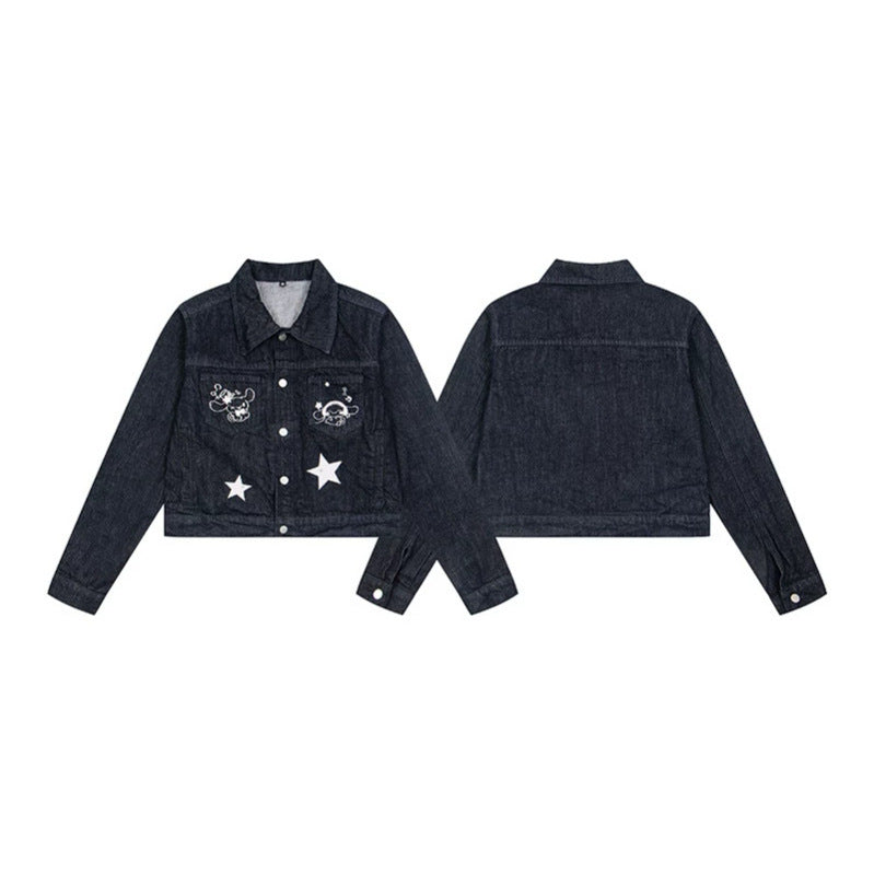 Women Short Cropped Denim Jacket with Star Applications and Cartoon Embroideries Mune Fashion