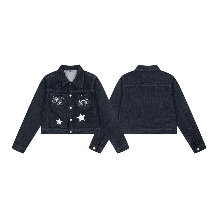 Women Short Cropped Denim Jacket with Star Applications and Cartoon Embroideries Mune Fashion